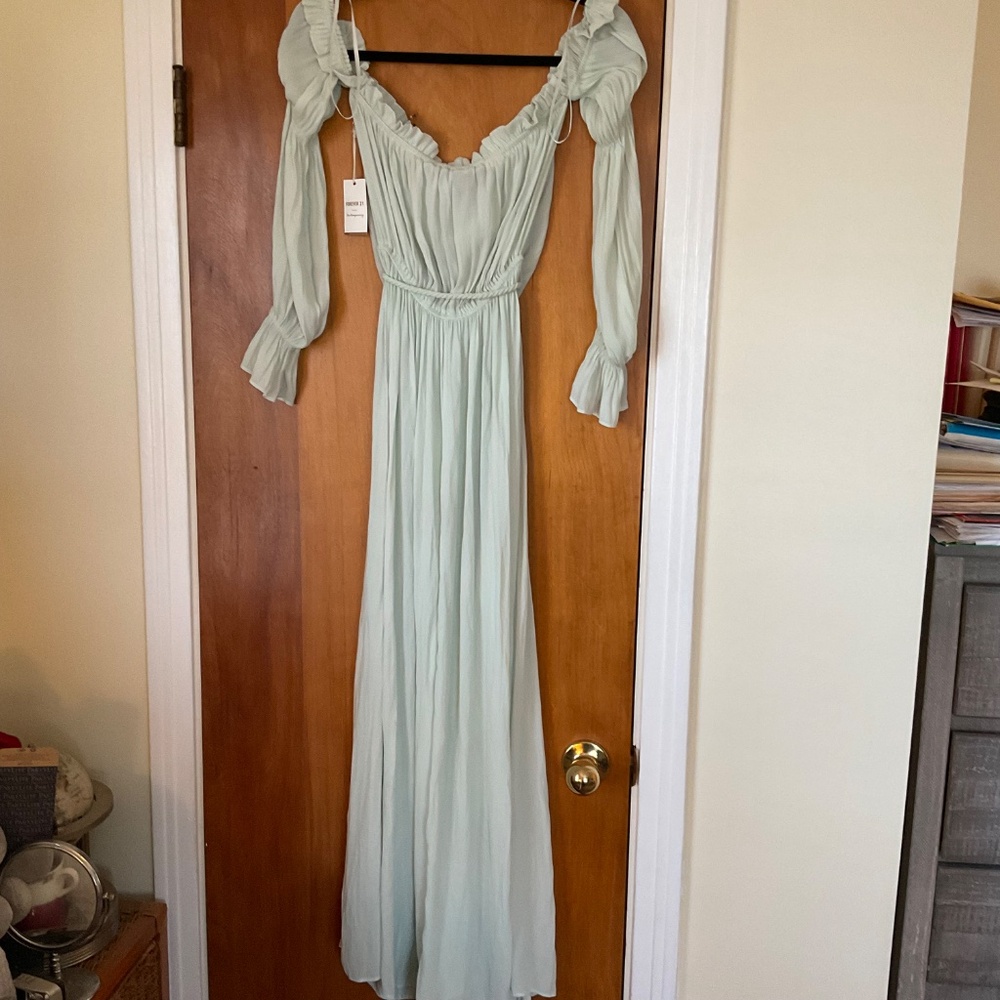 Forever 21 Long Sleeve Sheer Off The Shoulder Dress Sea Foam Green Gown Sz XS - Picture 4 of 13